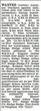 Jobs in Kolkata Budge Budge Abbey High School