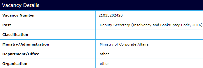 B. Deputy Secretary (Insolvency and Bankruptcy Code, 2016)